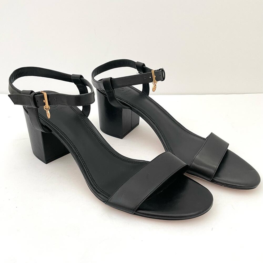 Tory Burch Black Leather Block Heel Sandals with Gold Buckle
